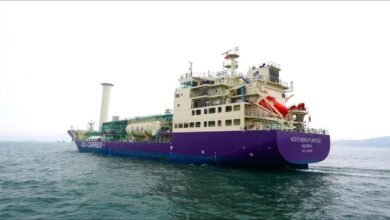 Northern Lights' new LNG dual-fuel CO2 carrier ship sailing on the water.