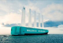 The Tirranna car carrier vessel with Oceanbird wind sails deployed on the ocean.