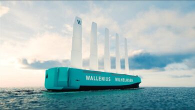 The Tirranna car carrier vessel with Oceanbird wind sails deployed on the ocean.