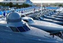 Iranian Revolutionary Guard Corps speedboats on patrol in strategic waters.