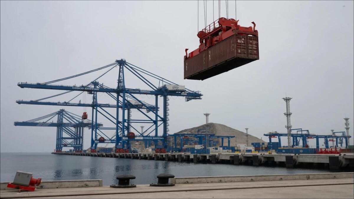 Large cargo ships at the strategic Chinese-built Chancay Port in Peru.