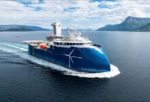 The Windea Clarke, a Bernhard Schulte Offshore CSOV, sails on the water.