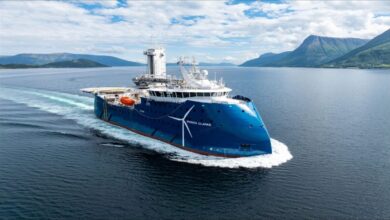 Bernhard Schulte Offshore's new CSOV, likely Windea Clarke, sailing at sea.