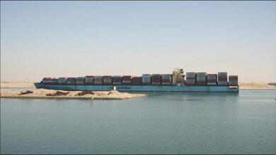 Maersk Sebarok container ship sailing through the Suez Canal.
