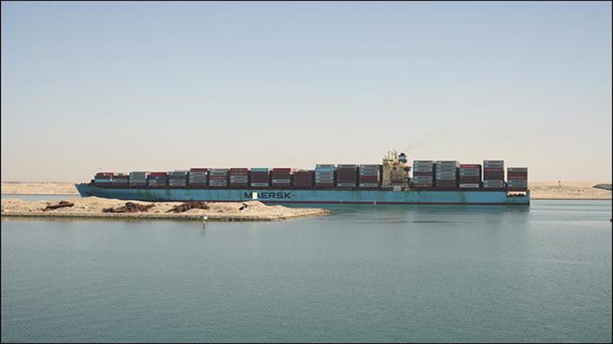 Maersk Sebarok container ship sailing through the Suez Canal.