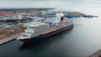 A large cruise ship docked at Skagen port, symbolizing future shore power integration.