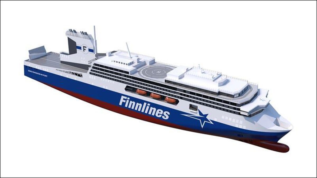 Large Grimaldi Group ferry with Wärtsilä propulsion sailing on calm blue waters.