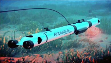 Sleek, futuristic underwater vehicle navigating dark ocean depths, symbolizing marine tech leadership.