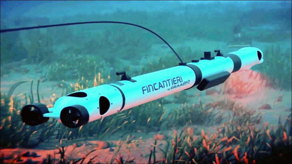 Sleek, futuristic underwater vehicle navigating dark ocean depths, symbolizing marine tech leadership.