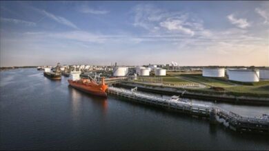 Aerial view of the Evos Rotterdam storage terminal and port infrastructure.