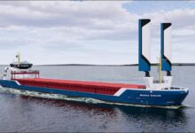 The cargo ship Maria Sibum equipped with Econowind VentoFoils for sustainable wind propulsion.