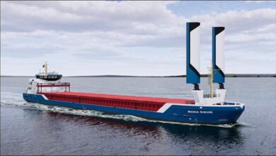 The cargo ship Maria Sibum equipped with Econowind VentoFoils for sustainable wind propulsion.