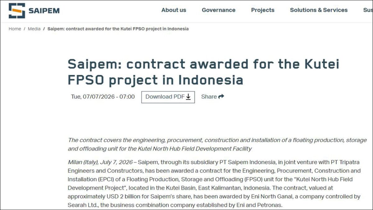 A large FPSO vessel offshore, related to Saipem's new Kutei Basin contract.