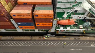 A containership connected to a shore power station at Hamburg Port.