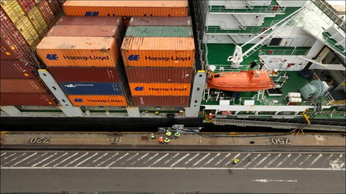 A containership connected to a shore power station at Hamburg Port.