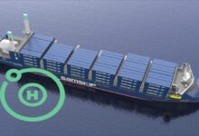 Samskip container ship utilizing liquid hydrogen for zero-emission marine transport.