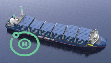 Samskip container ship utilizing liquid hydrogen for zero-emission marine transport.