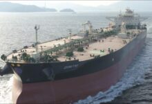 A large crude oil carrier ship built by Samsung Heavy Industries sailing at sea.