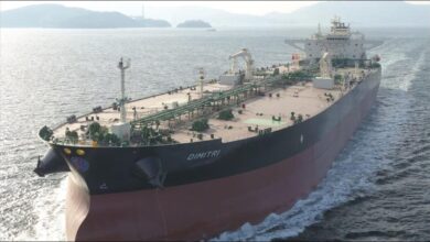 A large crude oil carrier ship built by Samsung Heavy Industries sailing at sea.