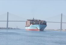 A Maersk container ship traverses a major shipping lane, reflecting Red Sea and Suez traffic.