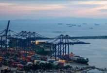 Cargo ships and cranes operate at a bustling port, reflecting global supply chain diversification and sustainable shipping.