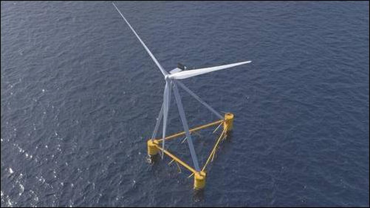 X1 Wind's NextFloat floating offshore wind turbine rendering at sea in Spain.