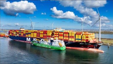 LNG bunkering operation by Titan Clean Fuels for an MSC containership in Rotterdam.