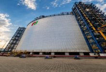 Ammonia storage tanks and industrial infrastructure at India's Port Pipavav.