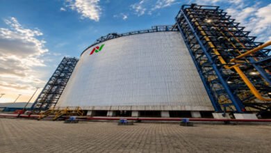 Ammonia storage tanks and industrial infrastructure at India's Port Pipavav.