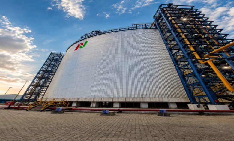 Ammonia storage tanks and industrial infrastructure at India's Port Pipavav.