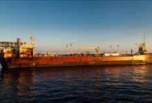 Heavy-lift vessel working on offshore platform removal in the UK Continental Shelf.