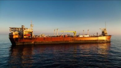 Heavy-lift vessel working on offshore platform removal in the UK Continental Shelf.