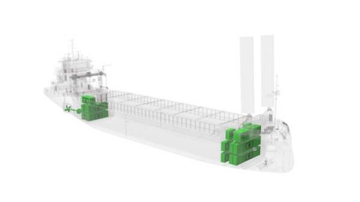 A rendering of the Conoship CIP3800 battery-electric coaster sailing on calm water.
