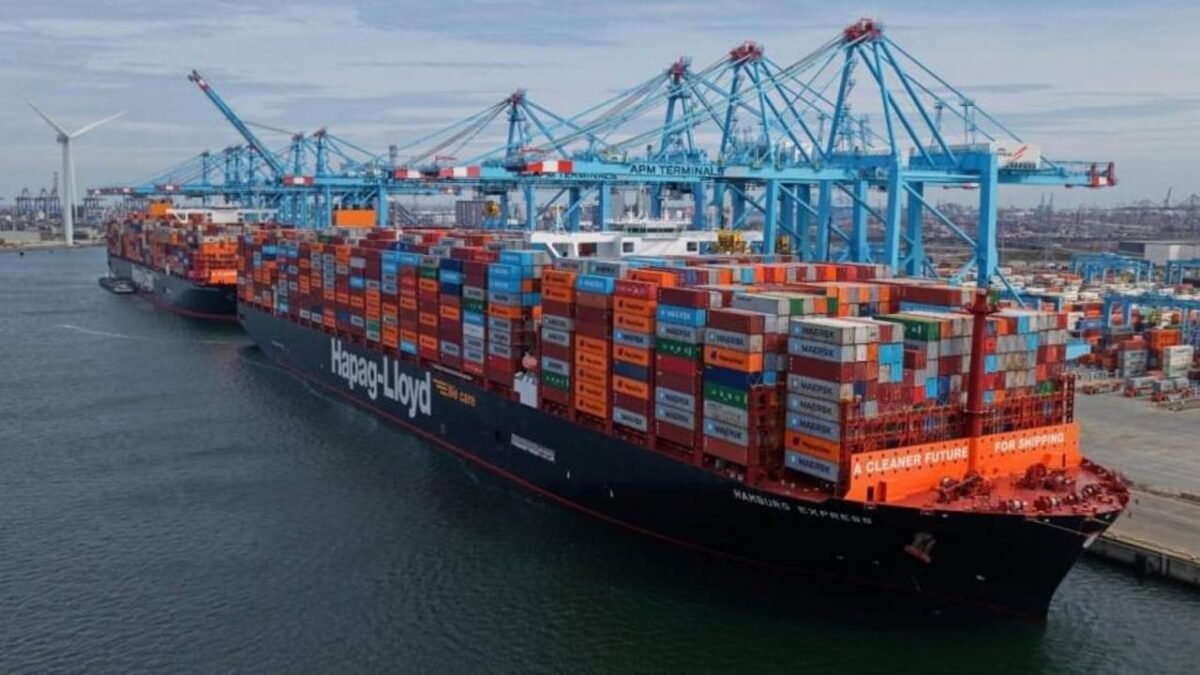 Hapag-Lloyd container ships docked at APM Terminals Rotterdam.