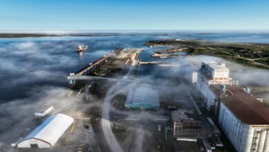 An icebreaker ship navigates through ice, making year-round shipping possible in Hudson Bay.