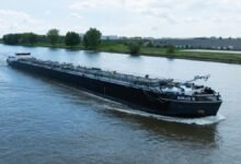 Sunoil Biodiesel's B100-powered inland barge Birjo II sailing on water.