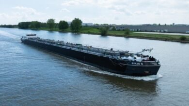 Sunoil Biodiesel's B100-powered inland barge Birjo II sailing on water.