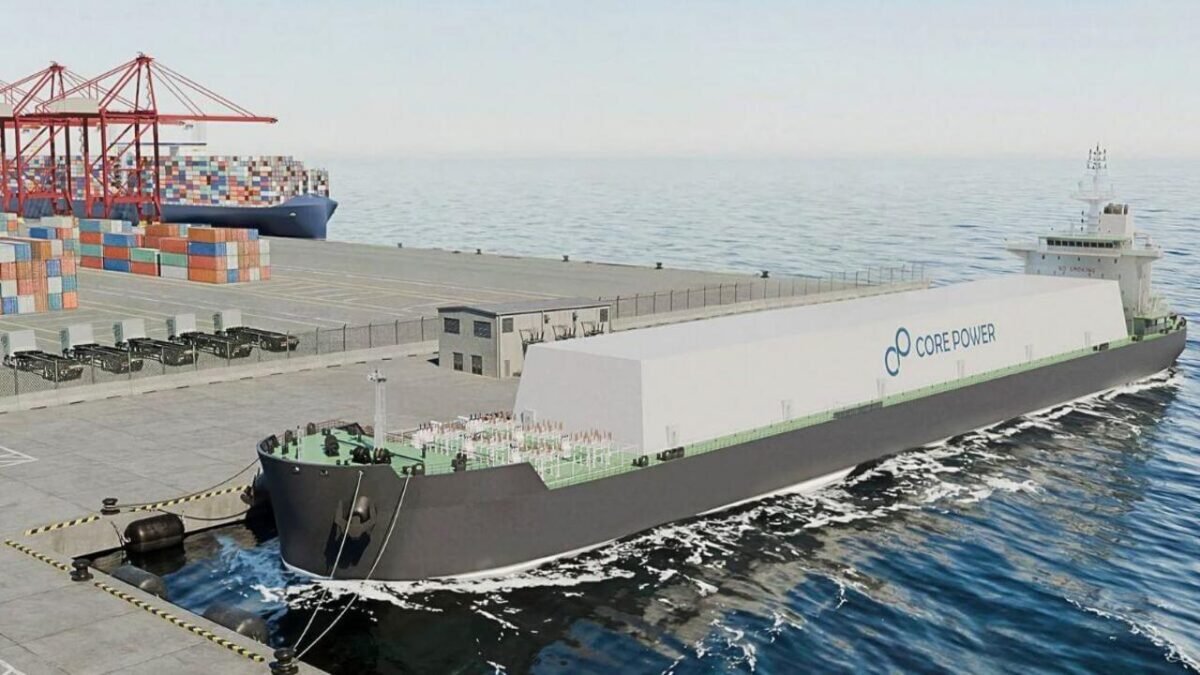 Core Power's concept rendering of a large, modern nuclear-powered cargo ship.