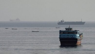 Large container ship sails a shipping lane, symbolizing Suez Canal and Red Sea routes.