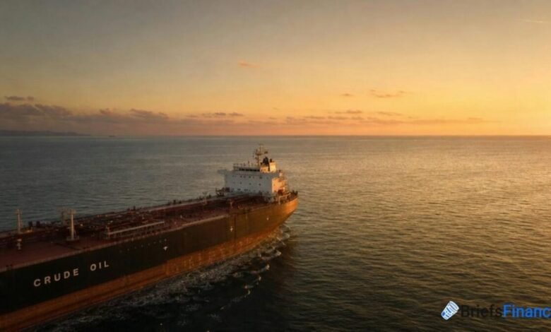 A massive oil tanker sails through open waters, symbolizing crude oil transport.