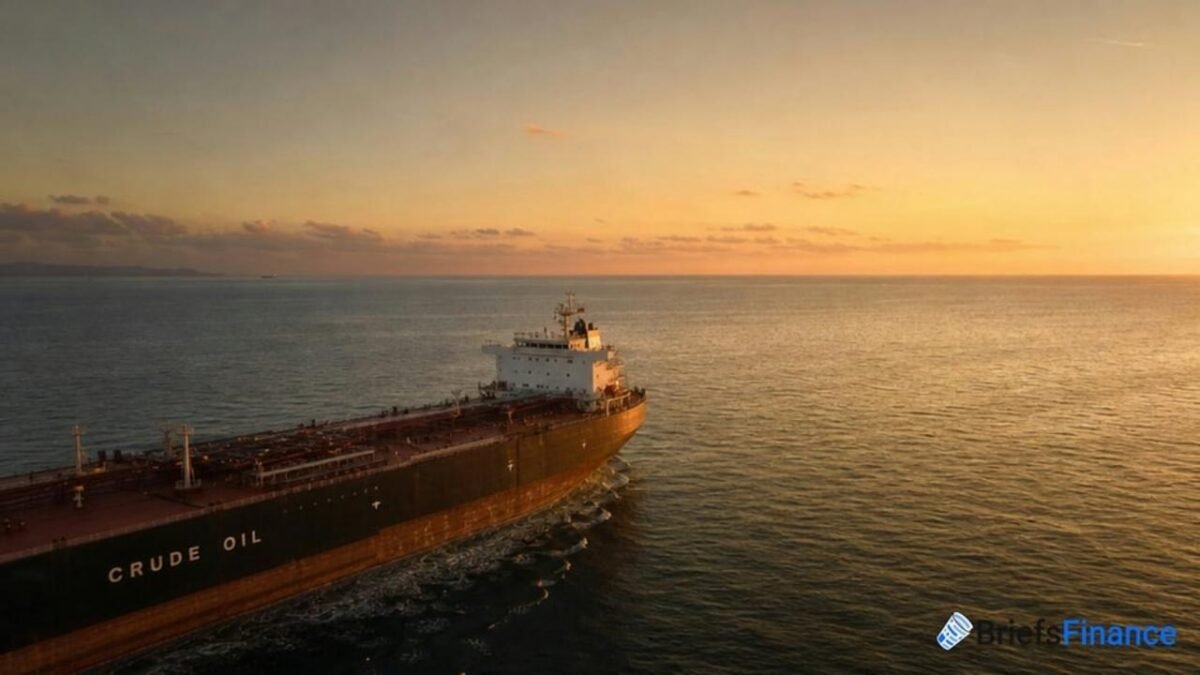 A massive oil tanker sails through open waters, symbolizing crude oil transport.