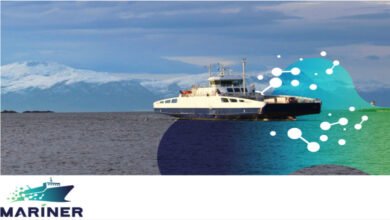 Illustration of a ship with green energy symbols for the MARINER project's decarbonization efforts.