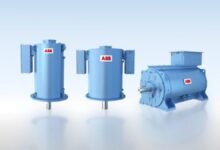 ABB team stands with a new permanent magnet motor series for marine applications.
