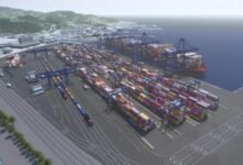 A render of La Spezia Container Terminal with large cranes and a container ship.
