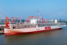The new OOCL Grace 24,000 TEU methanol dual-fuel container ship at sea.