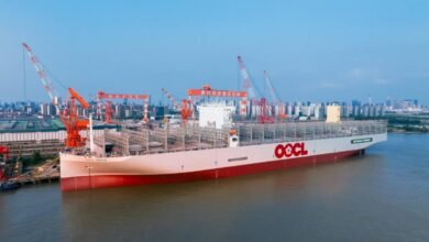The new OOCL Grace 24,000 TEU methanol dual-fuel container ship at sea.