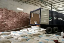 A large cargo ship unloads vital WFP rice aid at an East African port.