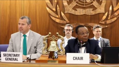 Delegates attend an IMO meeting discussing maritime emissions and the net-zero framework.