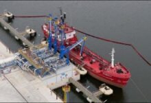 A tanker ship docked at ORLEN's new marine transshipment terminal in Gdansk.