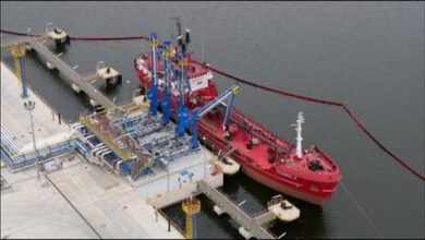 A tanker ship docked at ORLEN's new marine transshipment terminal in Gdansk.